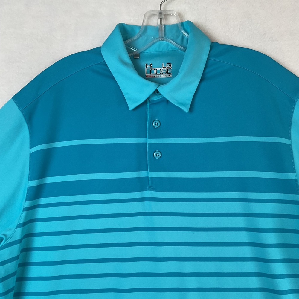 Under Armour Mens HeatGear Loose Stripe Polo Shirt Turquoise Blue L Short Sleeve - Picture 9 of 9